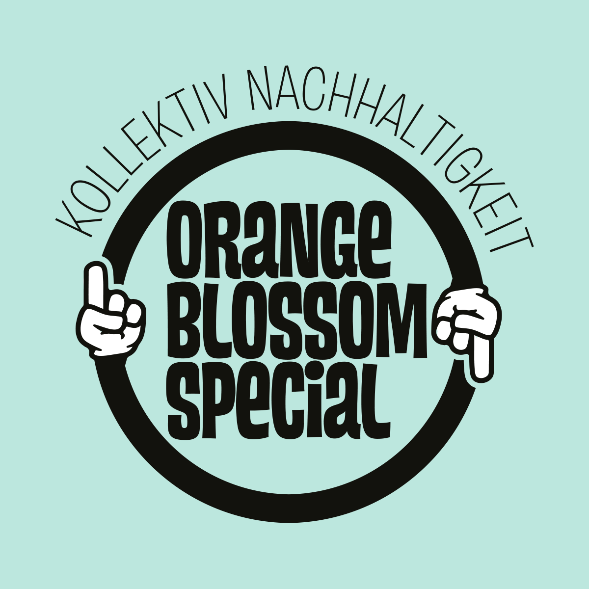 Zu sehen ist das Logo des Kollektivs Nachhaltigkeit des Orange Blossom Special Festivals, zwei Comic-Hände sind an einem Kreis angebracht und symbolisieren so die Kreislaufwirtschaft.